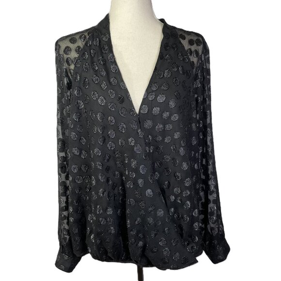 Jennifer Lopez Black Wrap Front Shimmer Sheer Polka Dot Blouse Size XL - Picture 1 of 15